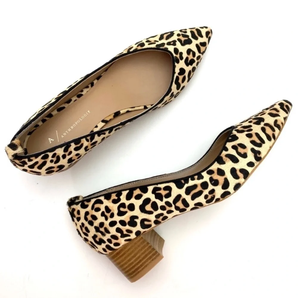 ANTHROPOLOGIE Beatriz Leopard Calfskin Pointed toe Block Heel Pumps in Beige